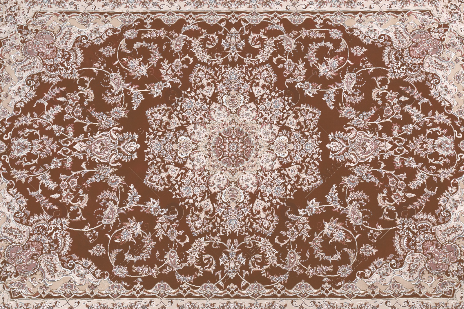 Image of Soft beige carpet with beautiful pattern as background, top view