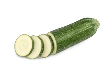 Photo of Cut ripe zucchini on white background, top view