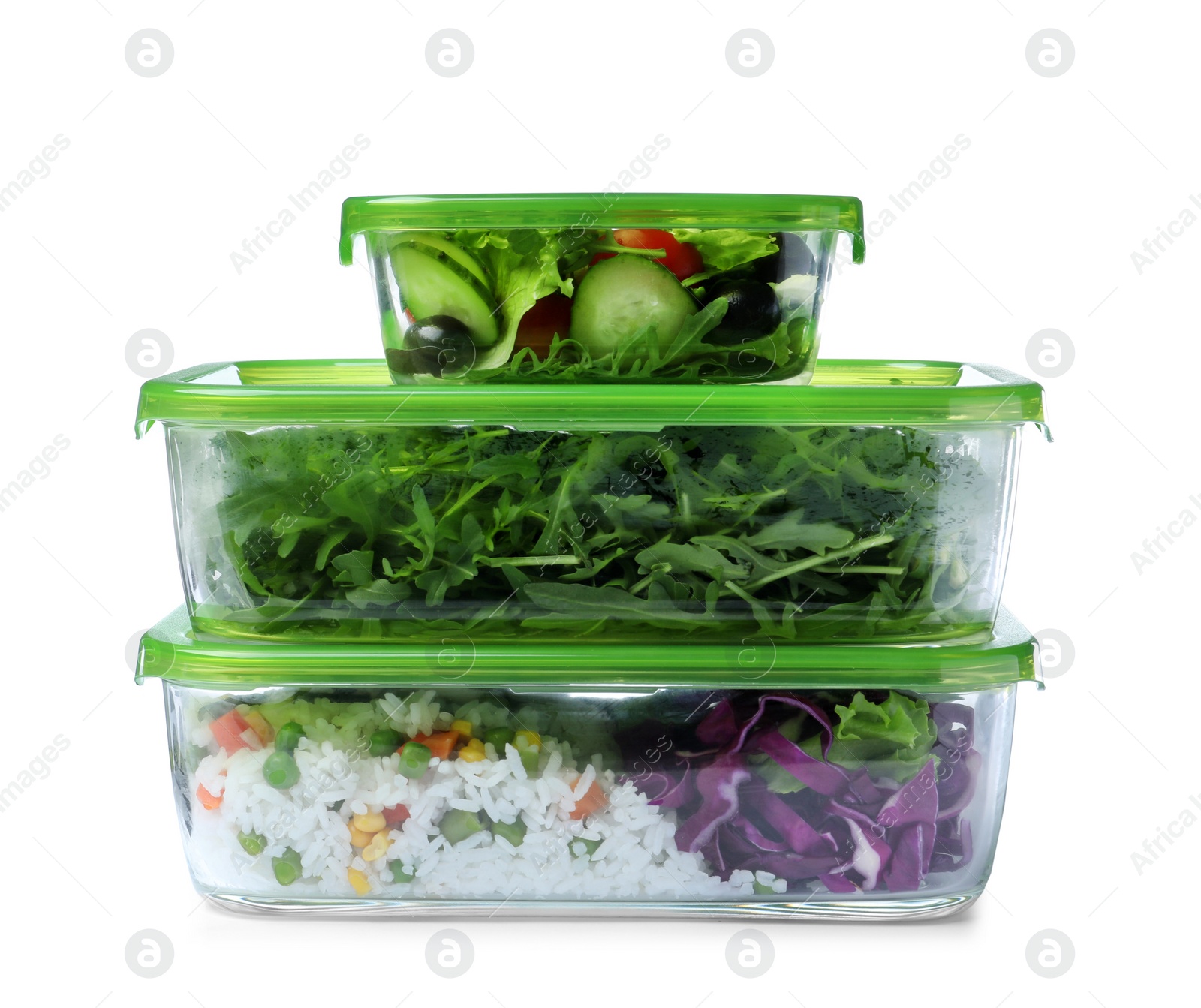 Photo of Glass containers with fresh food on white background