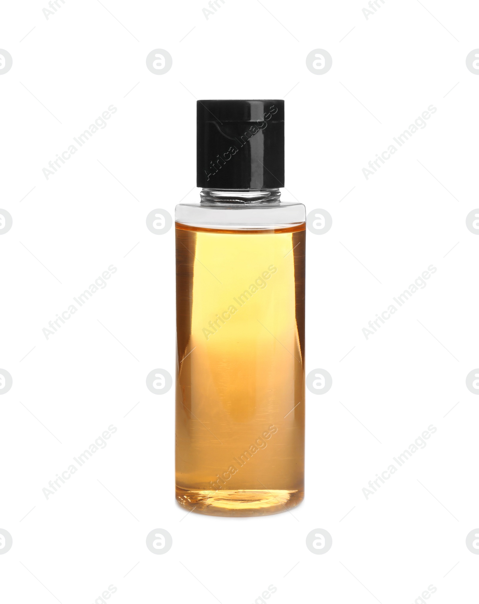 Photo of Mini bottle with cosmetic product on white background. Hotel amenity