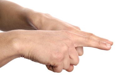 Photo of Man showing word same on white background, closeup. Sign language