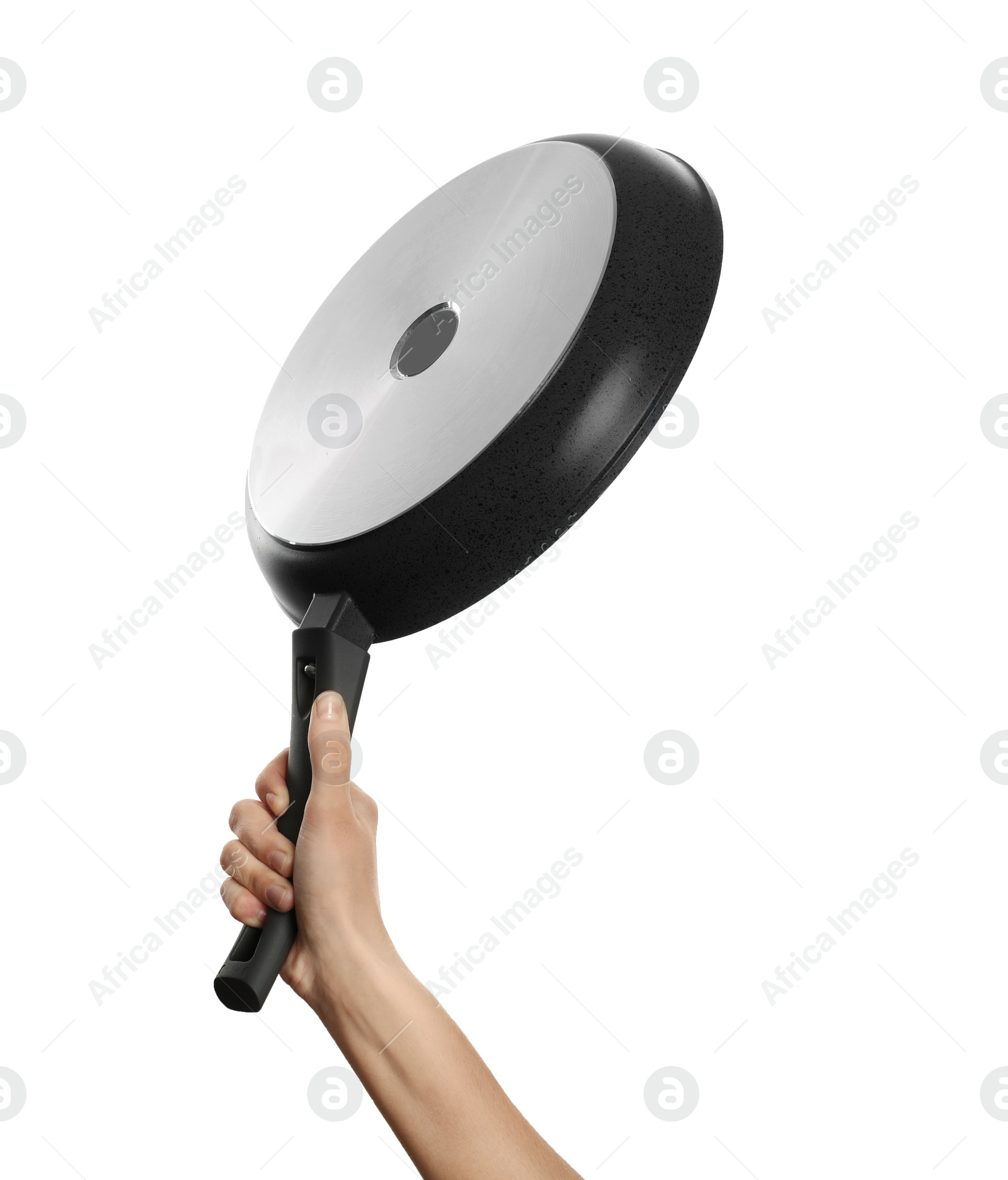 Photo of Woman holding new clean frying pan on white background