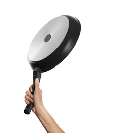 Photo of Woman holding new clean frying pan on white background