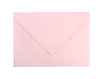 Photo of Closed pink letter envelope isolated on white, top view