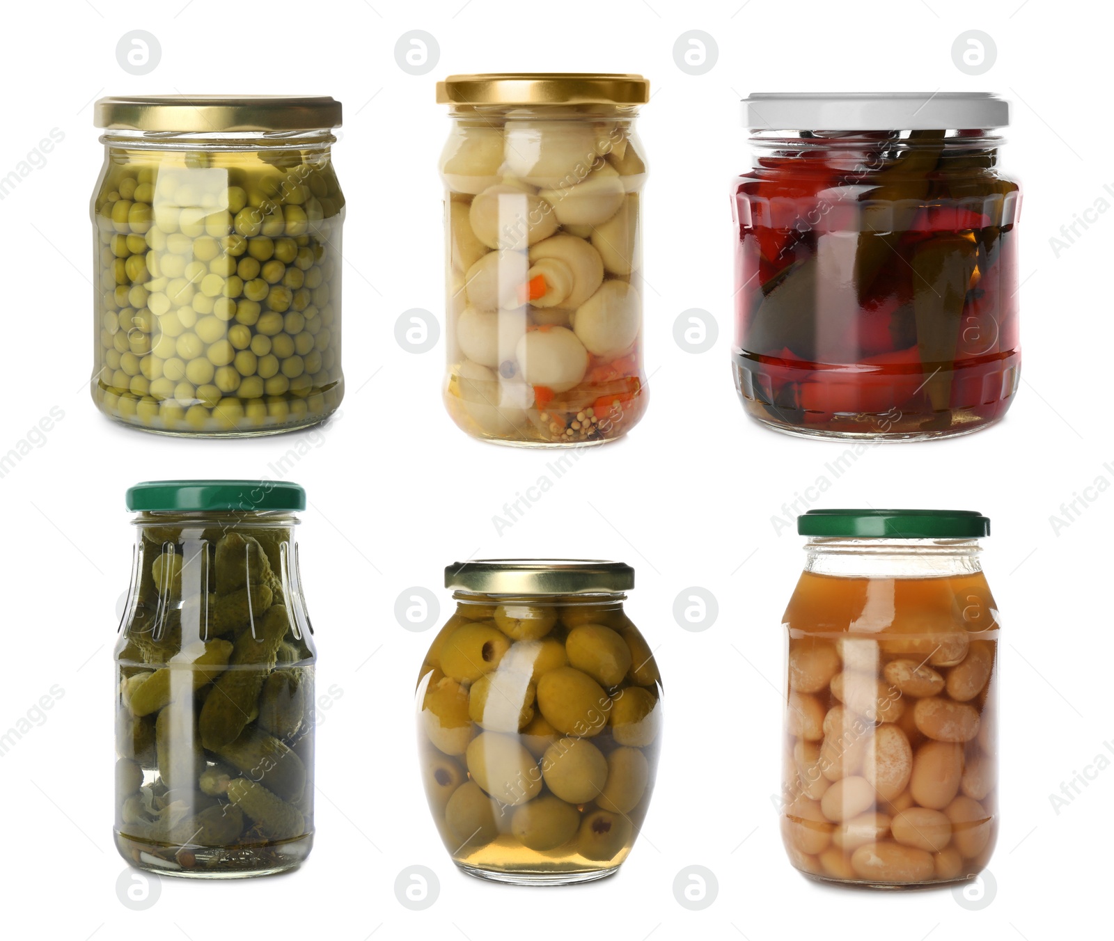 Image of Set of jars with pickled foods on white background