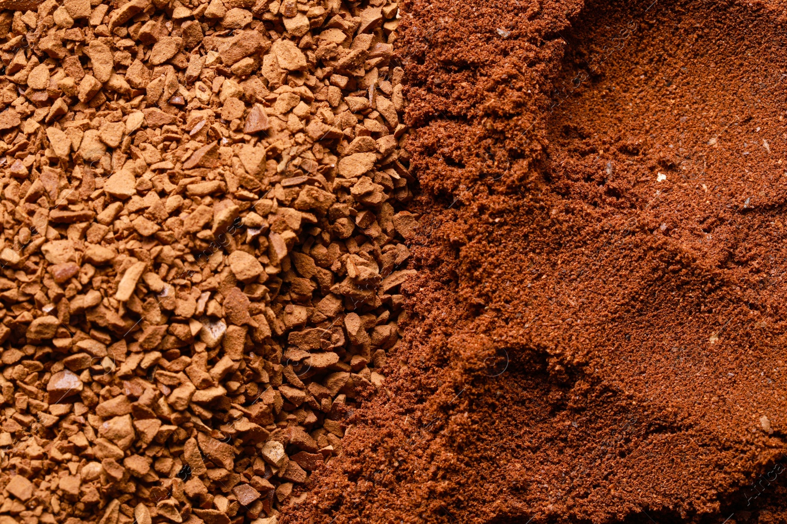 Photo of Different types of coffee as background, top view