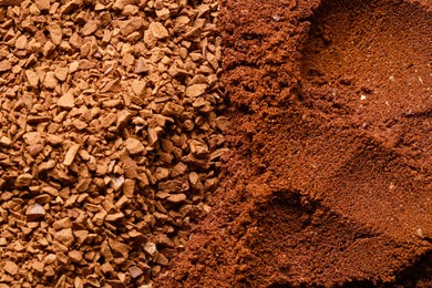 Photo of Different types of coffee as background, top view