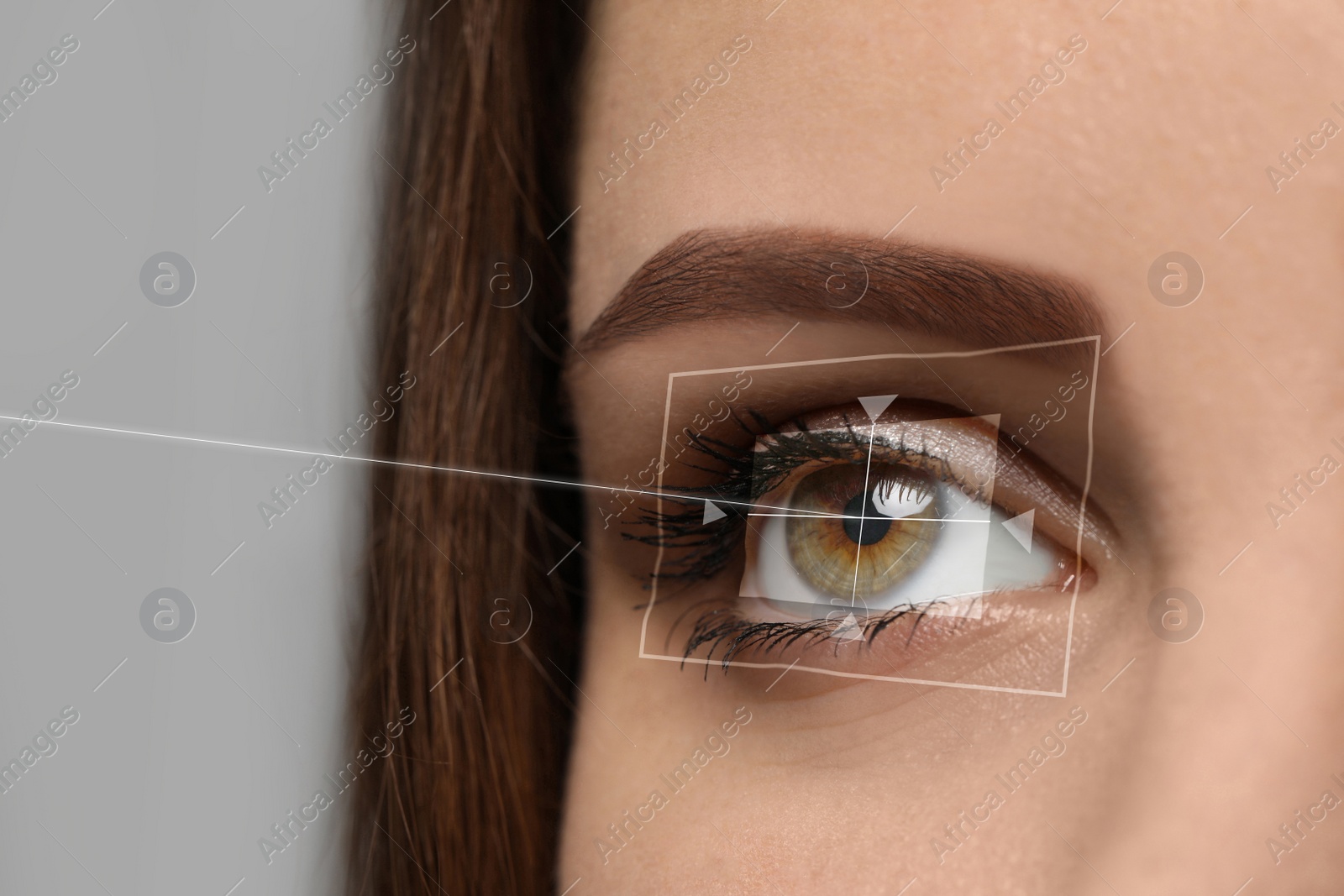 Image of Closeup view of woman and laser ray illustration. Vision correction surgery