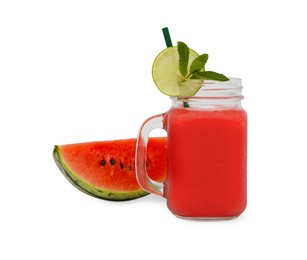 Photo of Glass mason jar of tasty watermelon drink with mint, lime and cut fresh fruit isolated on white