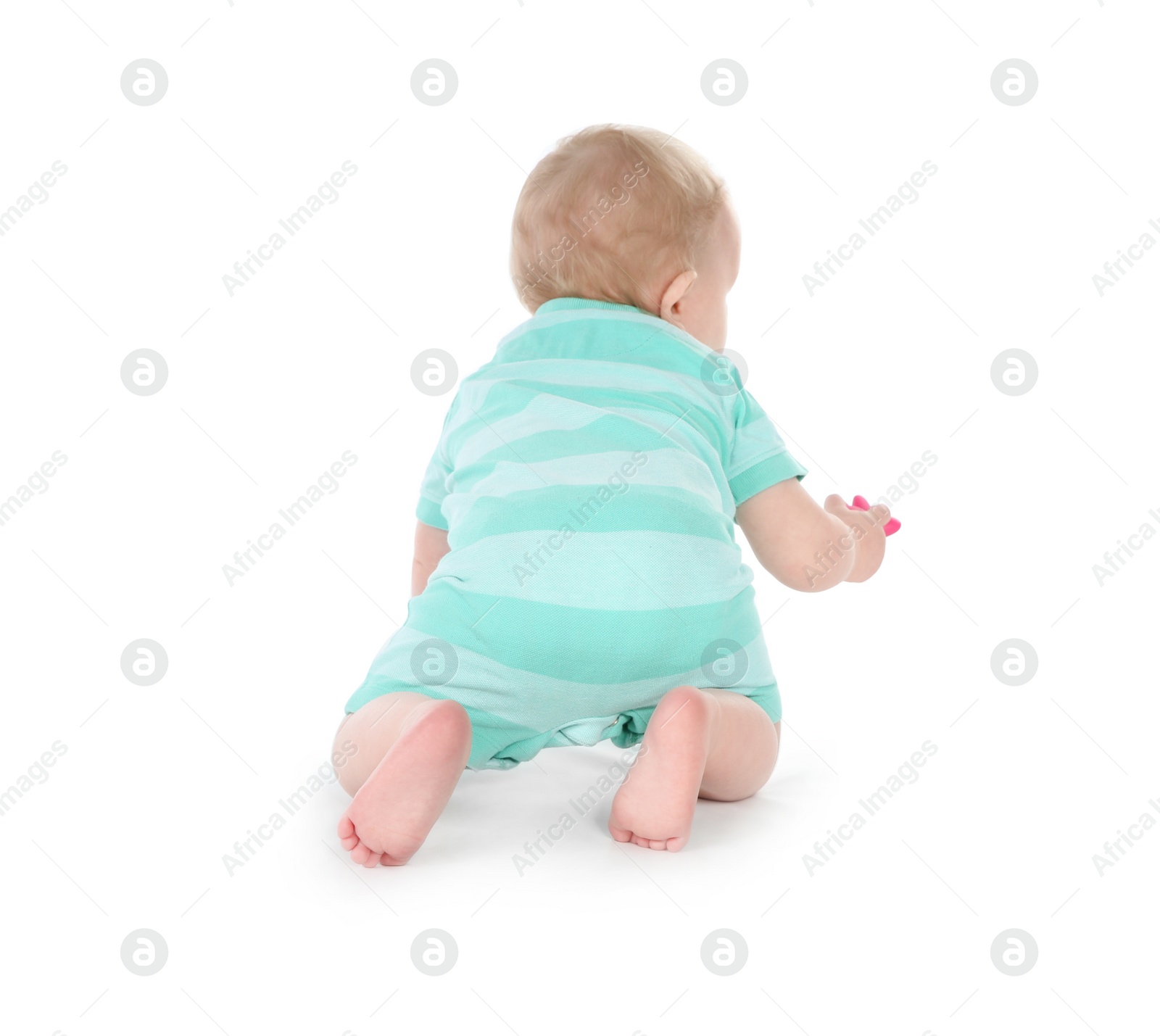 Photo of Cute little baby crawling on white background