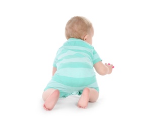 Photo of Cute little baby crawling on white background