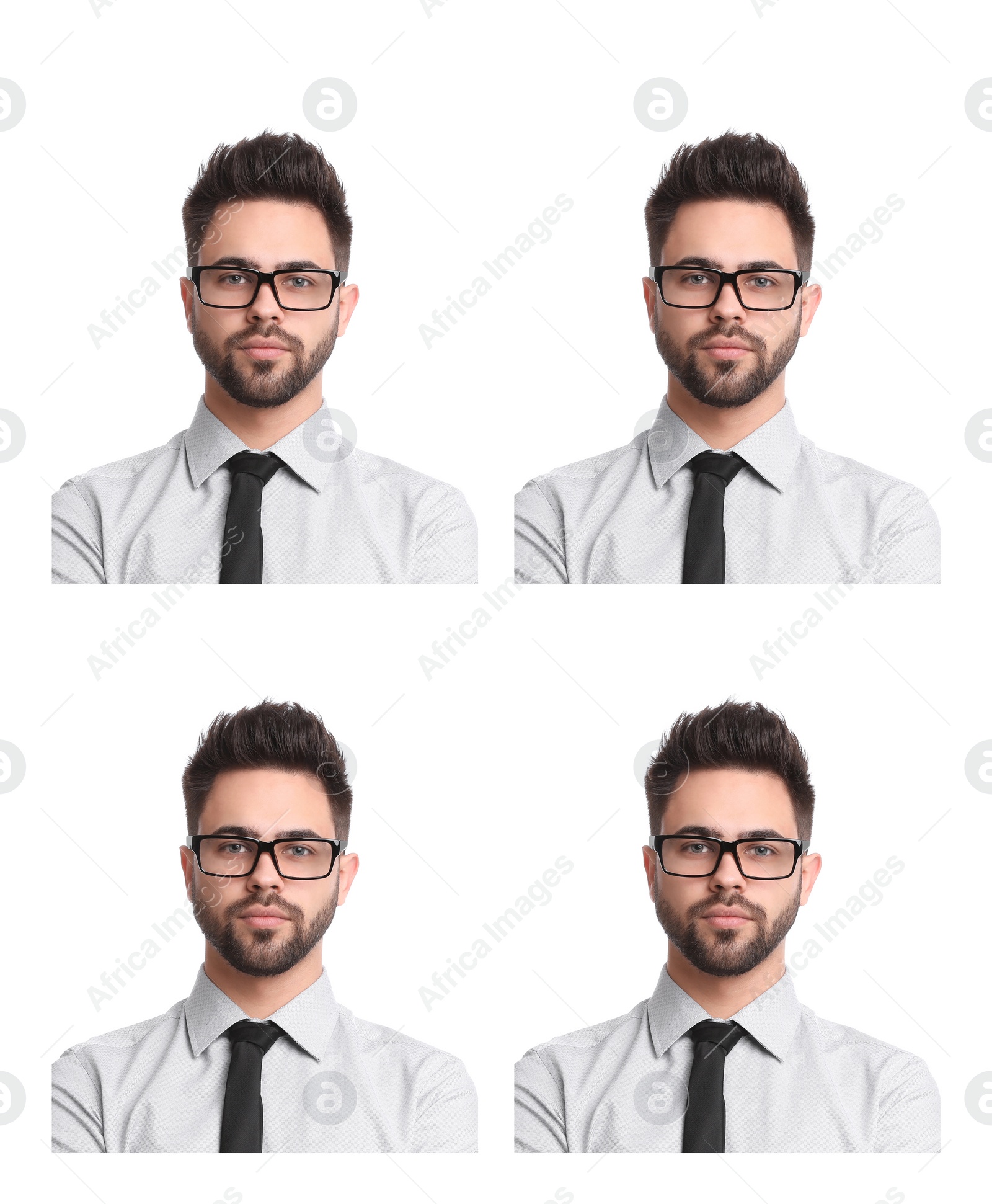 Image of Passport photo, collage. Man on white background, set of photos