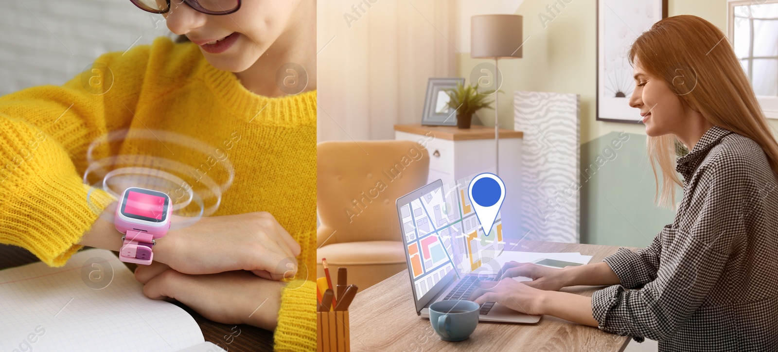 Image of Control kid's geolocation via smart watch. Mother and daughter with gadgets, collage 