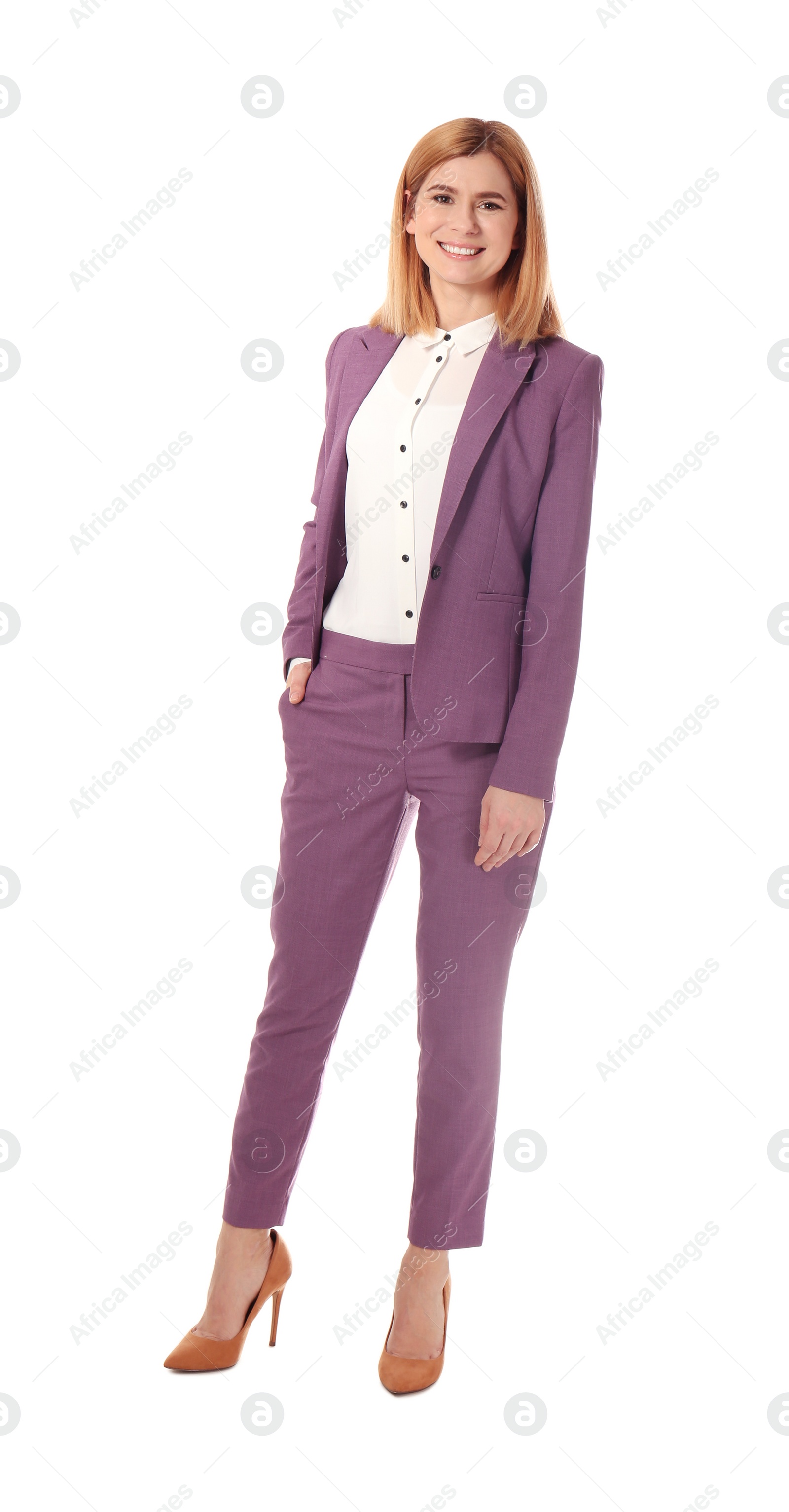 Photo of Full length portrait of businesswoman posing on white background