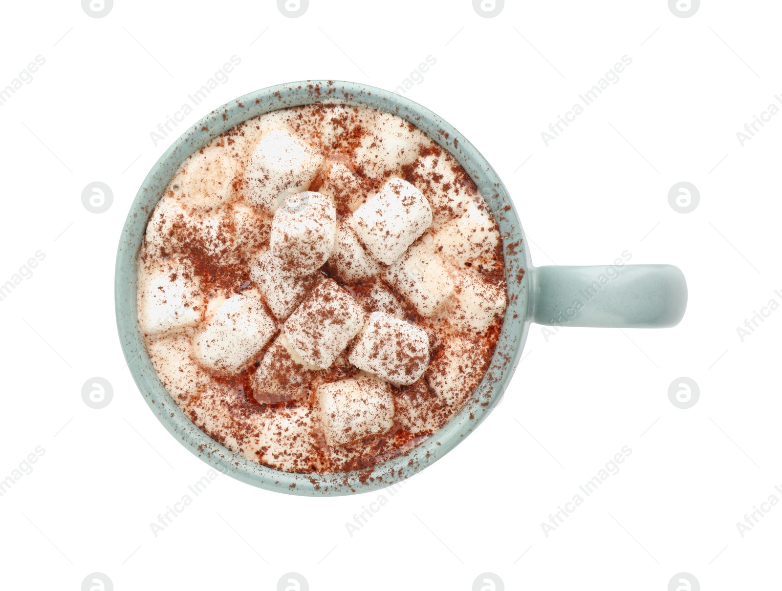 Photo of Cup of aromatic hot chocolate with marshmallows and cocoa powder isolated on white, top view