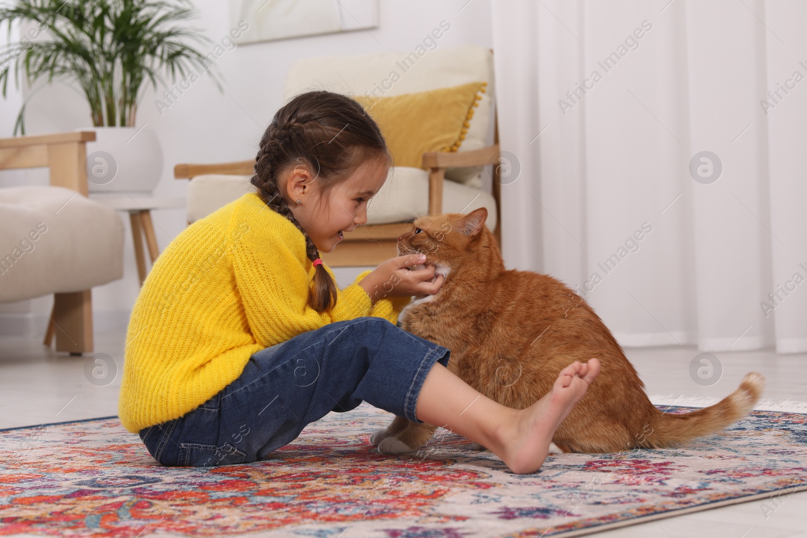 Photo of Happy little girl playing with cute ginger cat on carpet at home