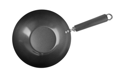 Photo of One empty metal wok isolated on white, top view