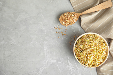 Photo of Flat lay composition with green buckwheat on light grey table, space for text