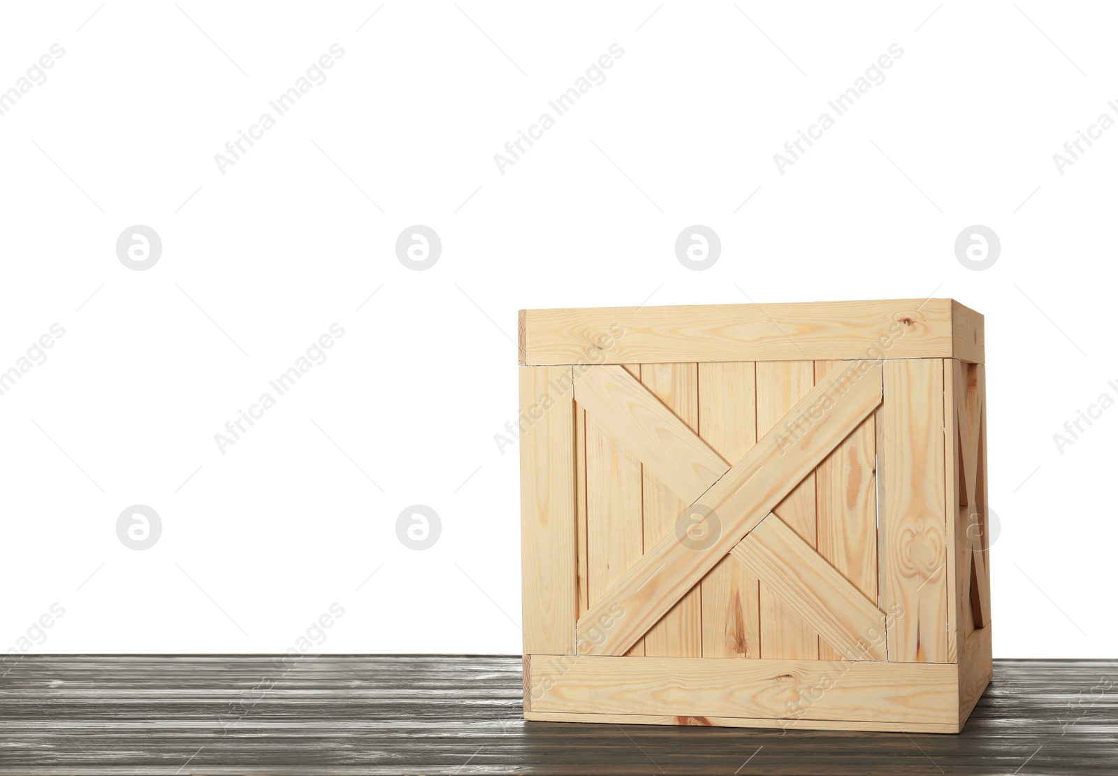 Photo of Wooden crate on table against white background. Space for text