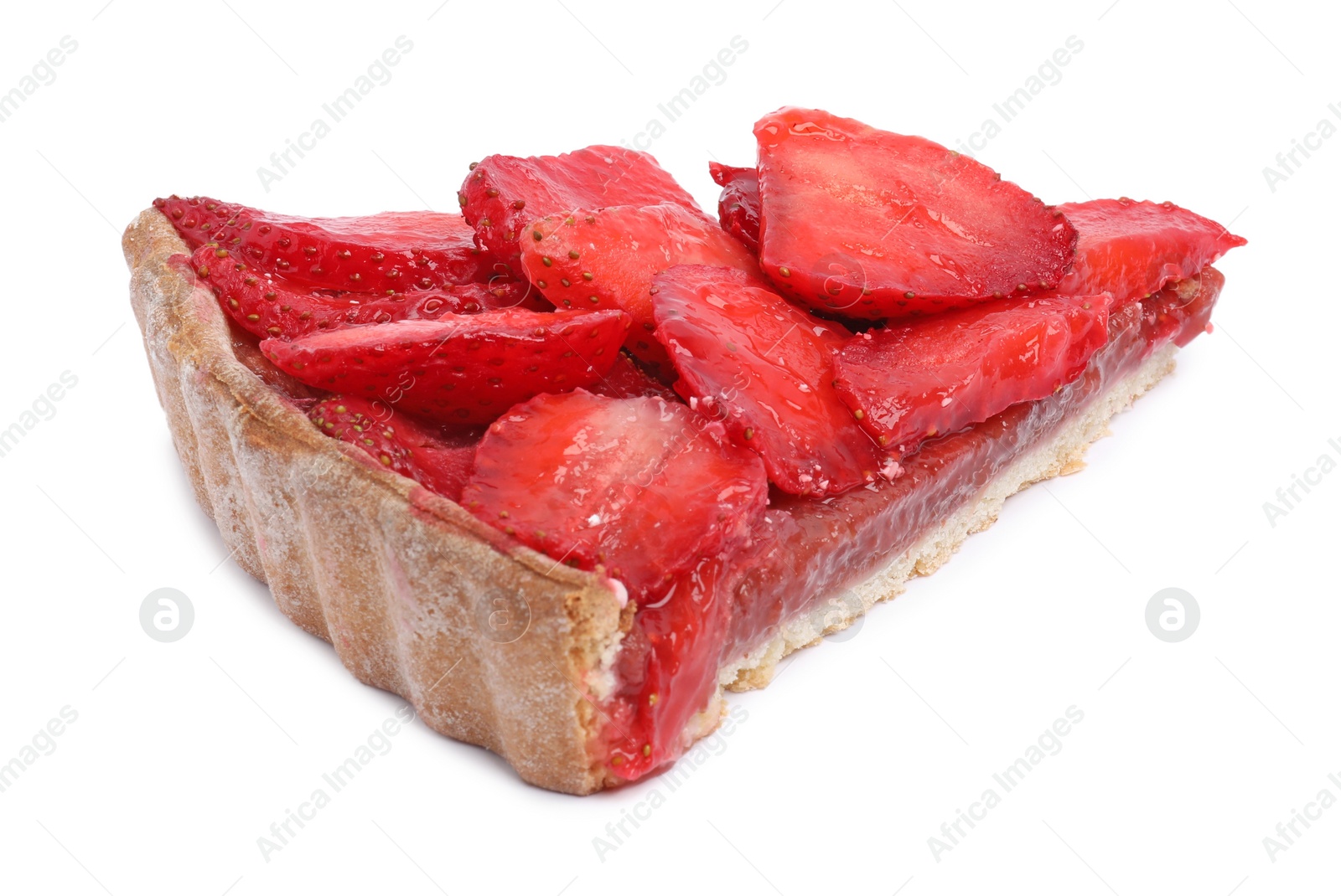 Photo of Piece of delicious strawberry tart isolated on white