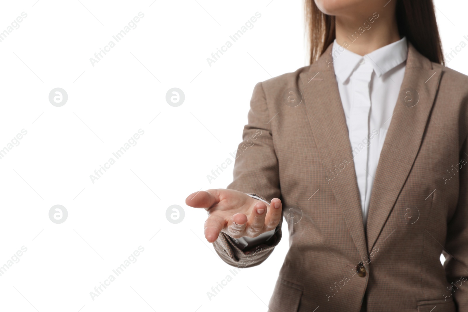 Photo of Businesswoman holding something on white background, closeup
