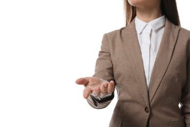 Photo of Businesswoman holding something on white background, closeup