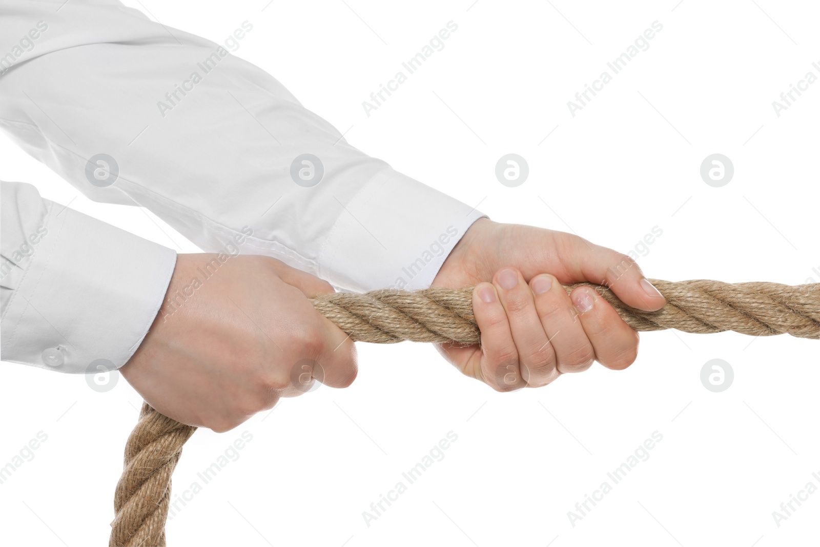 Photo of Dispute concept. Man pulling rope on white background, closeup