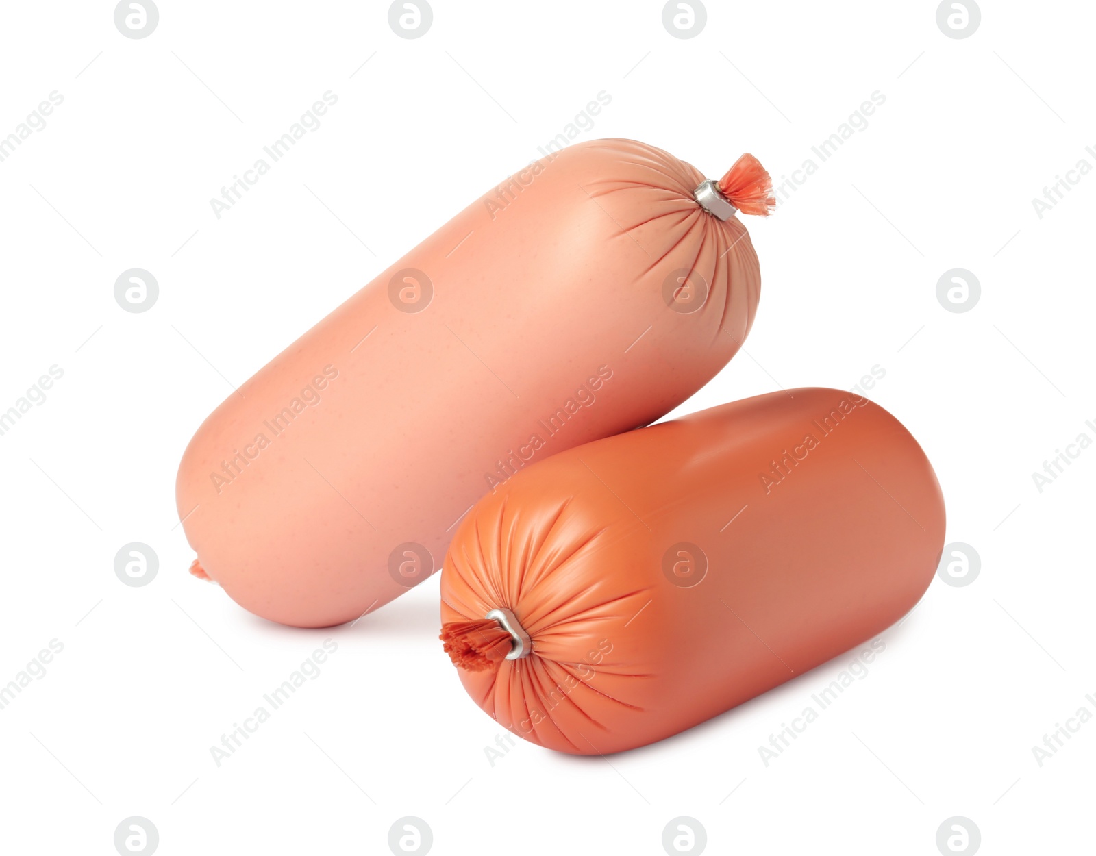 Photo of Different tasty boiled sausages on white background