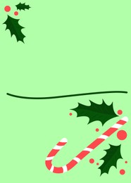 Illustration of Beautiful Christmas invitation card with candy cane, holly and berries illustration on light green background. Space for text