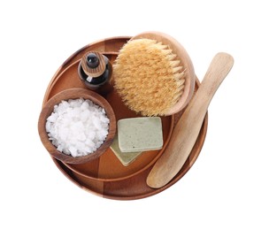 Photo of Spa composition with sea salt and soap bars isolated on white, top view