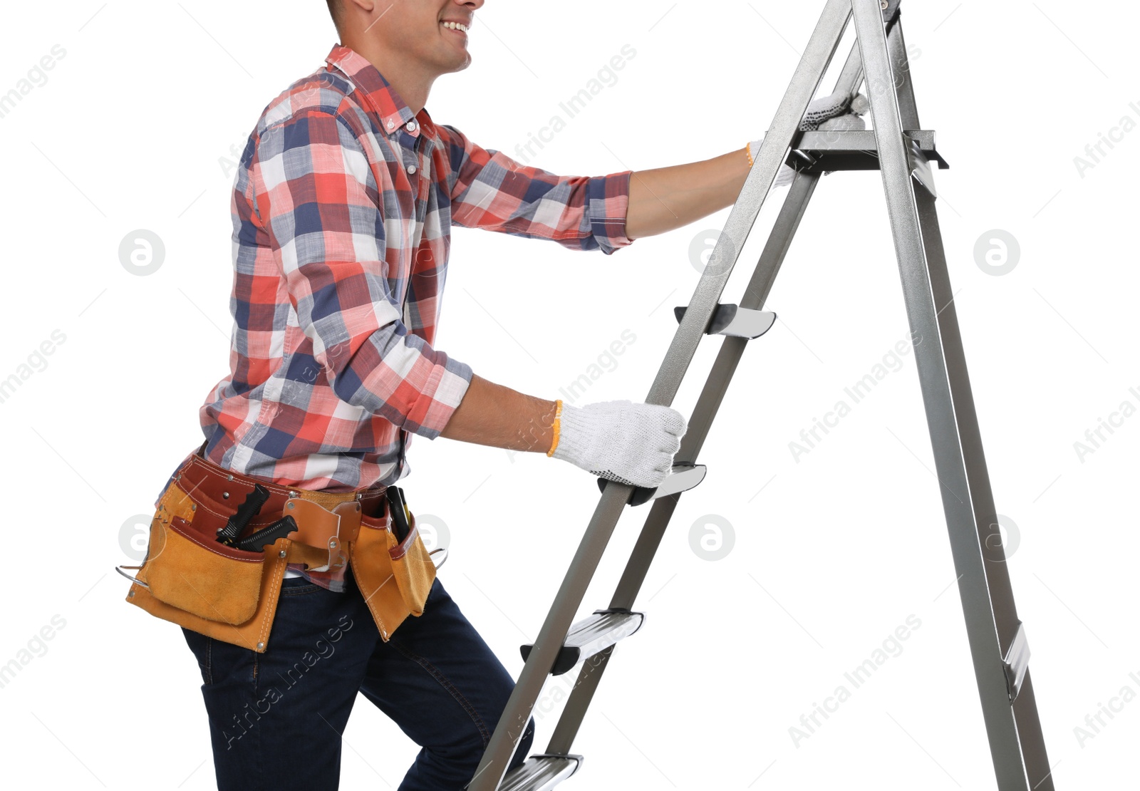 Photo of Professional constructor climbing ladder on white background, closeup