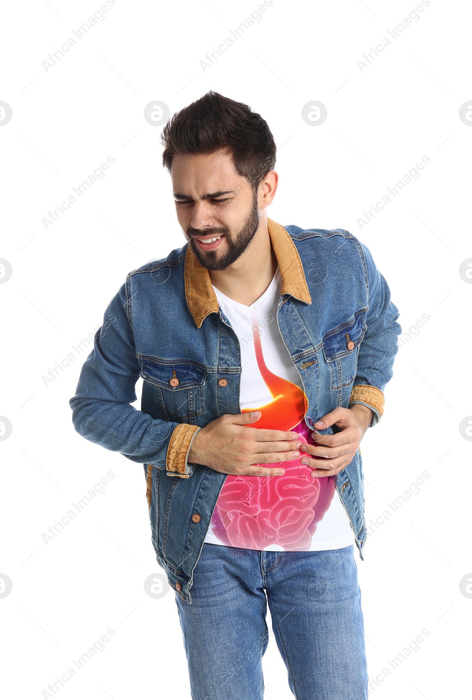 Image of Man suffering from stomach pain on white background