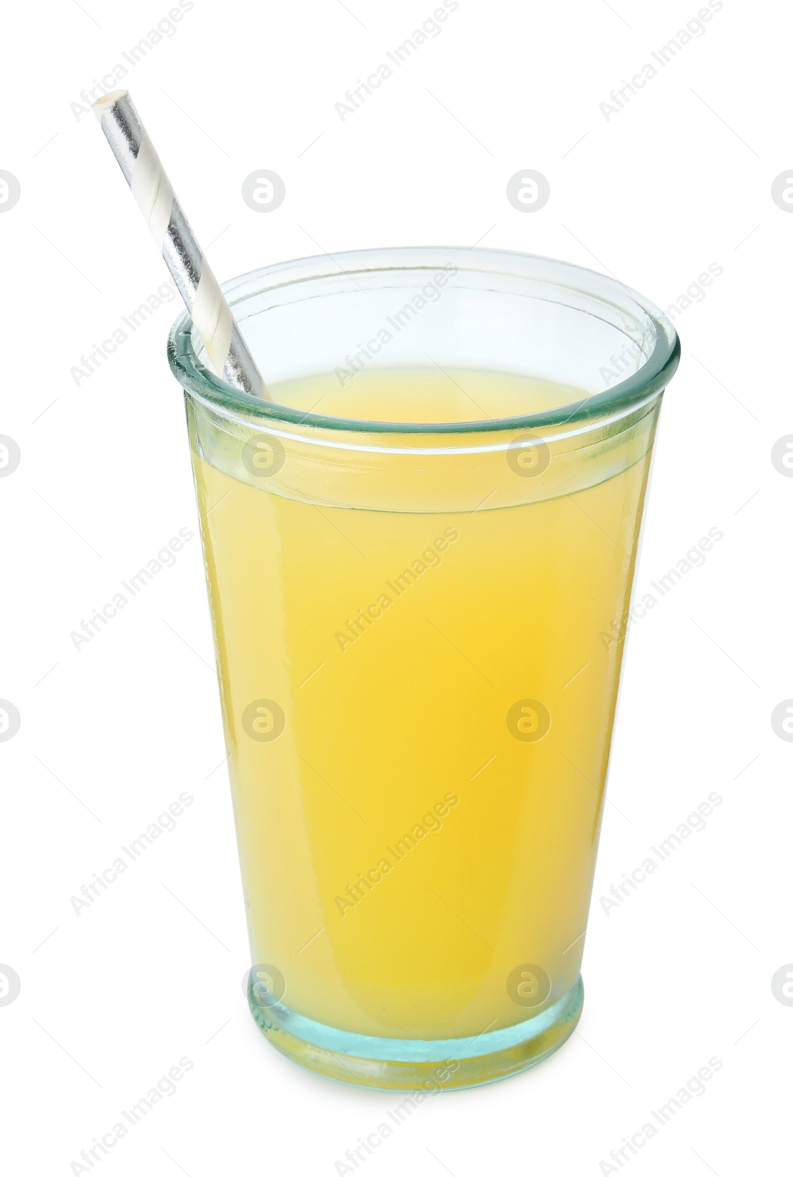 Photo of Delicious fresh pineapple juice isolated on white