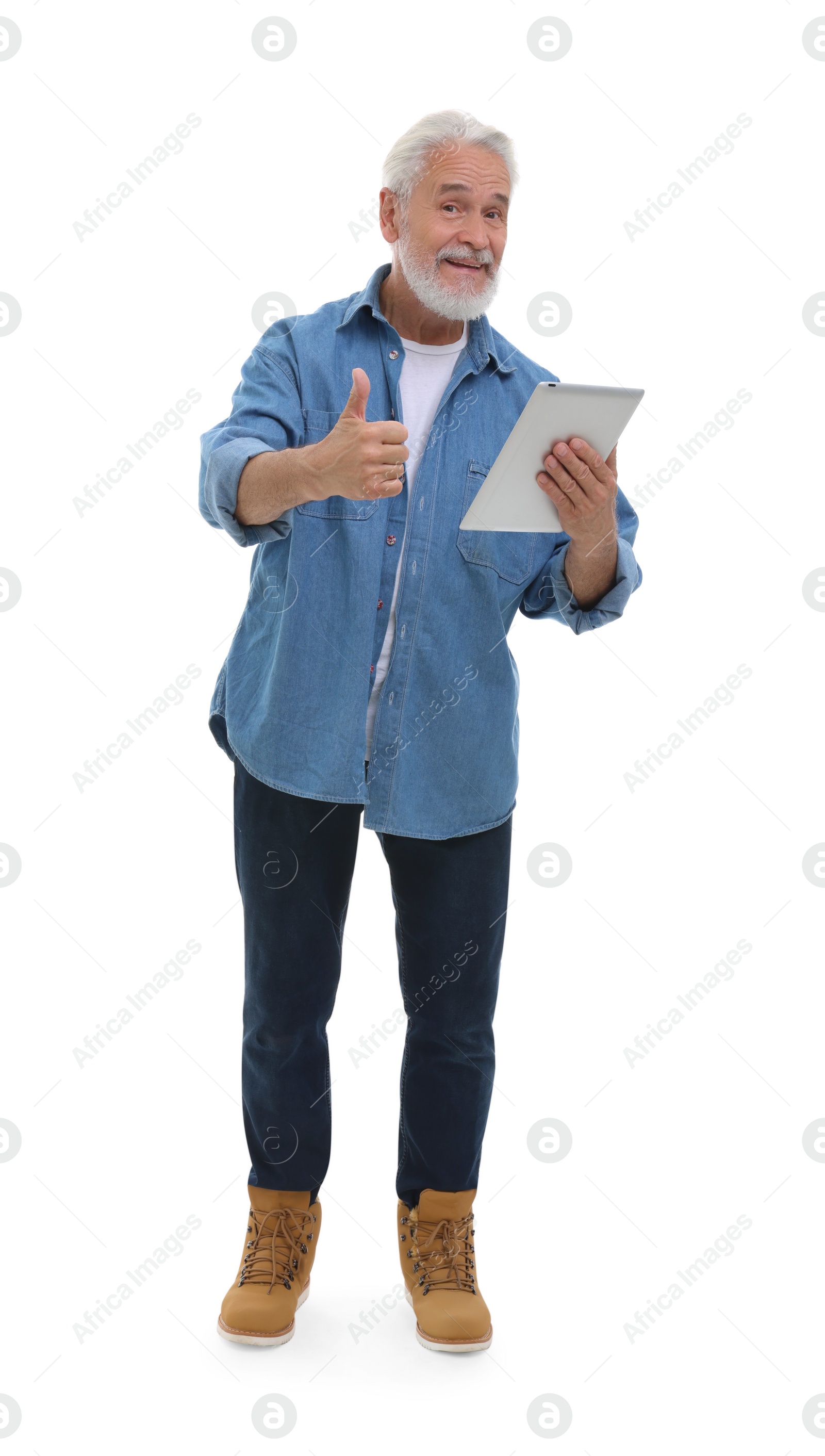 Photo of Man with tablet showing thumb up on white background