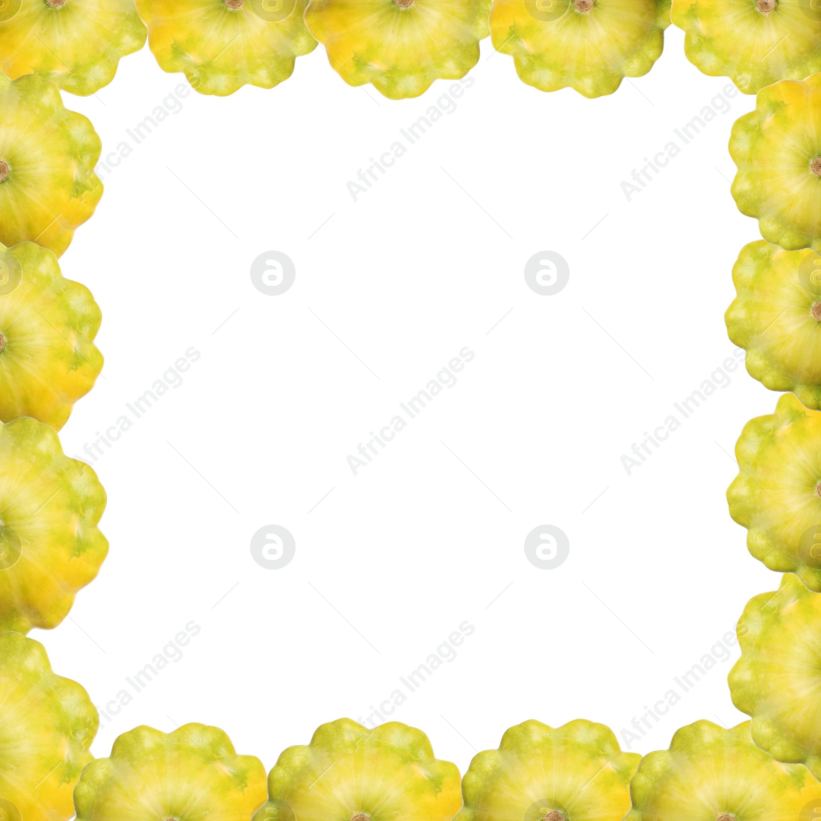 Image of Frame made of fresh ripe pattypan squashes on white background, top view