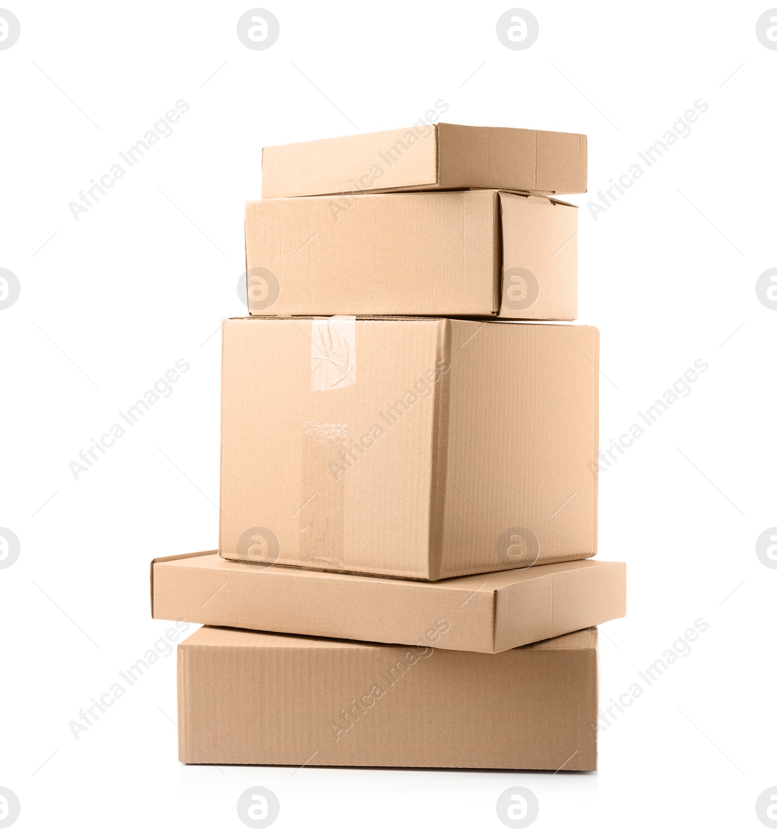 Photo of Stack of cardboard boxes on white background