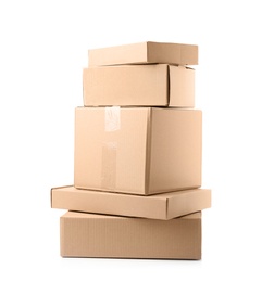 Stack of cardboard boxes on white background