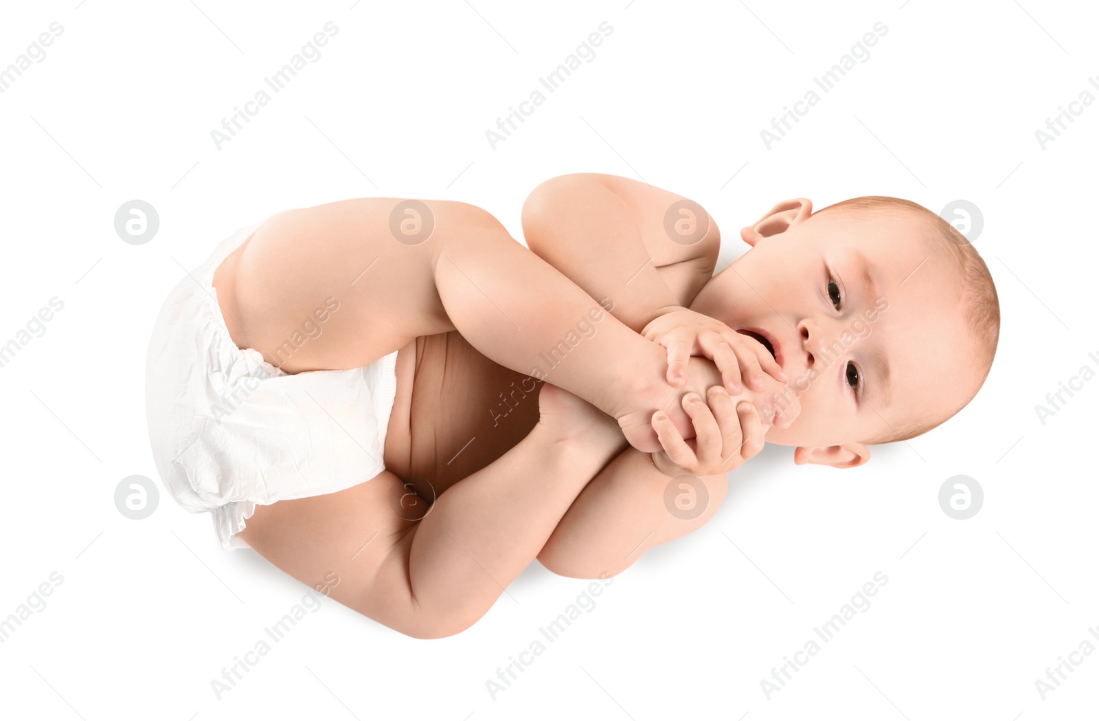 Photo of Cute little baby on white background, top view