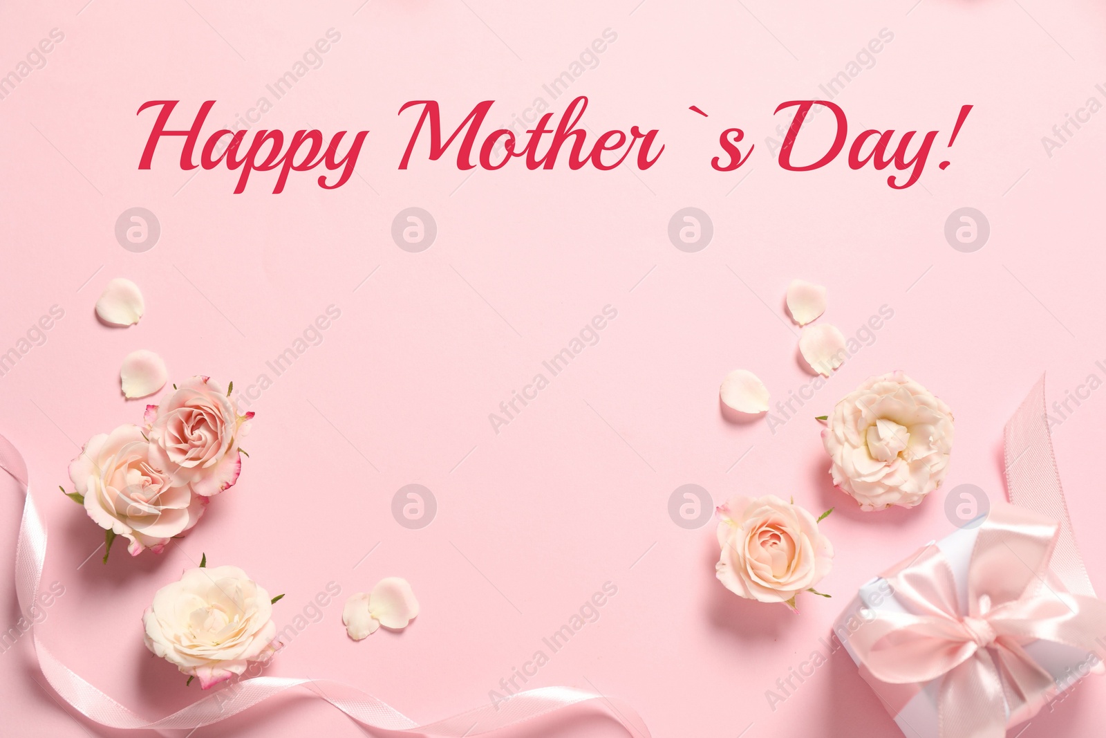 Image of Happy Mother's Day greeting card. Beautiful rose flowers and gift box on pink background