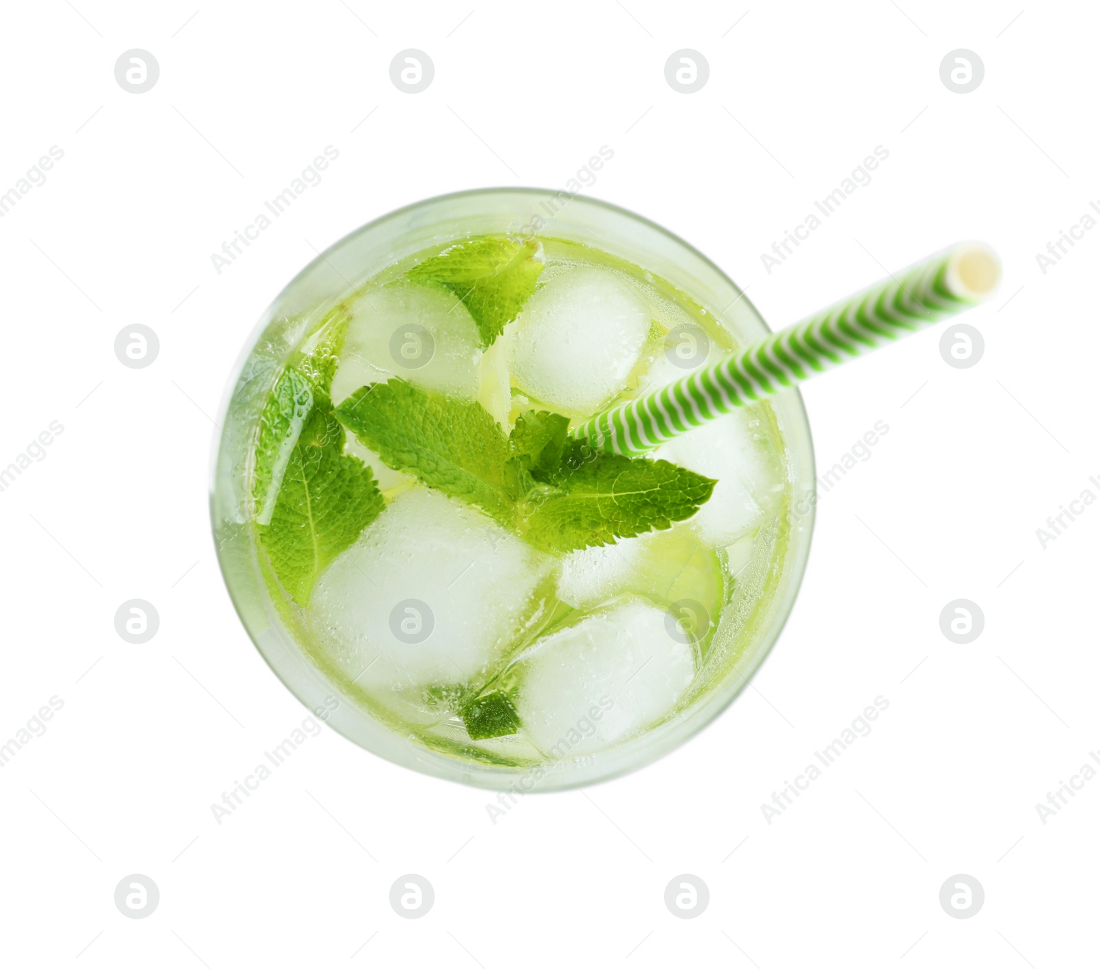 Photo of Glass of natural lemonade with mint on white background, top view