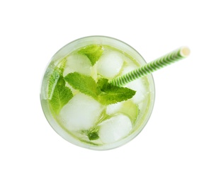 Glass of natural lemonade with mint on white background, top view