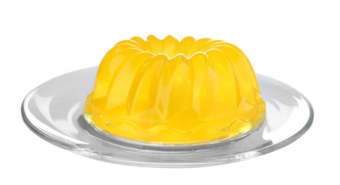 Photo of Delicious fresh yellow jelly on white background