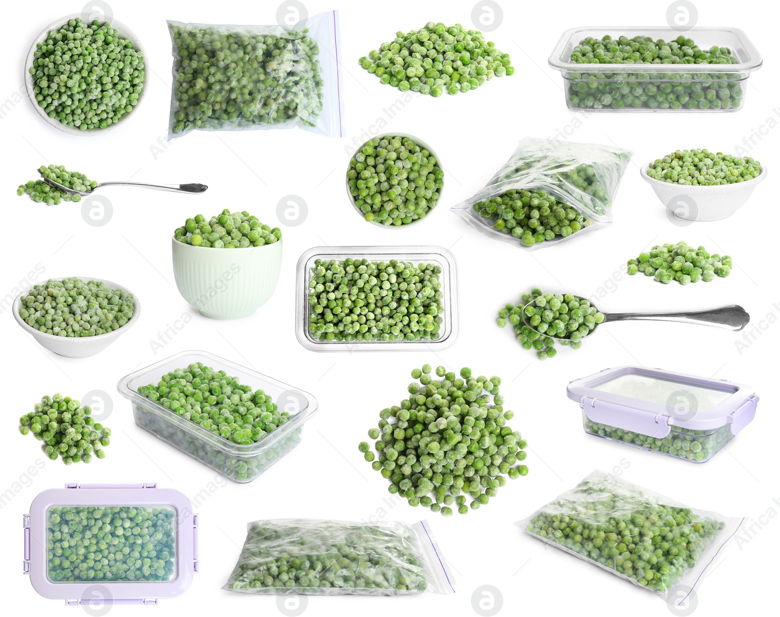 Image of Set of frozen peas on white background. Vegetable preservation
