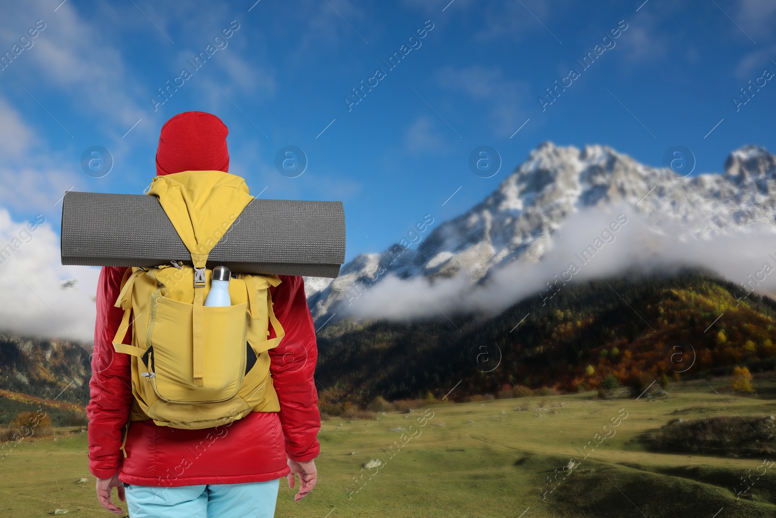 Image of Tourist with backpack in mountains, back view