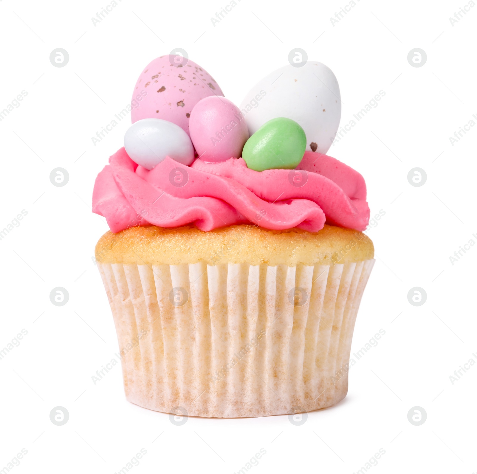 Photo of Tasty decorated Easter cupcake isolated on white