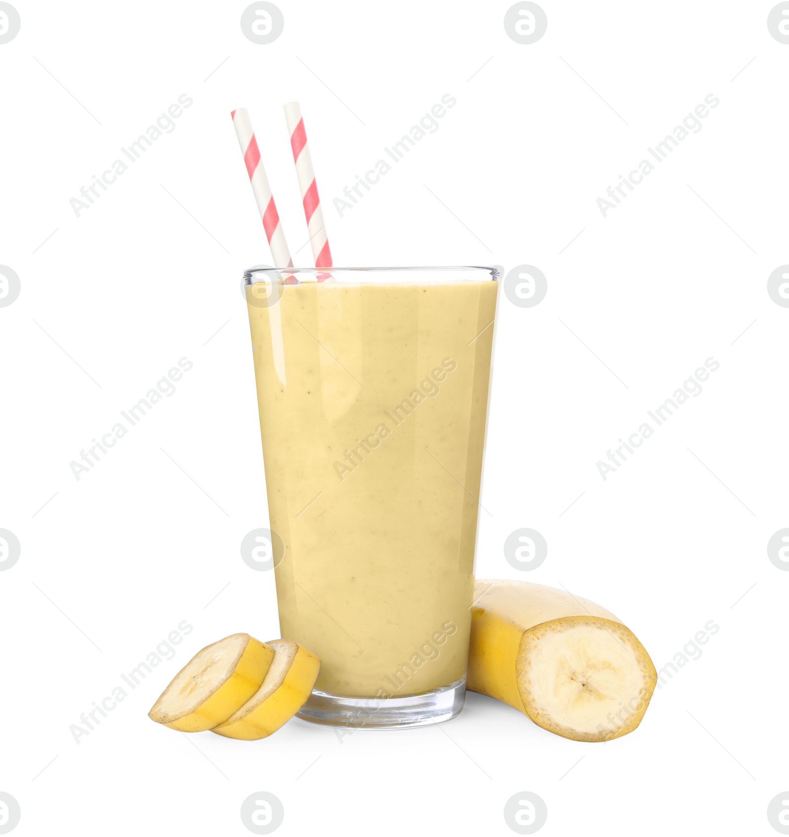 Photo of Glass of tasty banana smoothie with straws and fresh fruit on white background