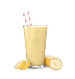 Photo of Glass of tasty banana smoothie with straws and fresh fruit on white background