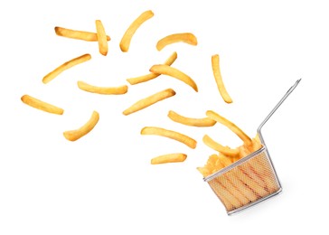 Metal basket and flying tasty French fries on white background