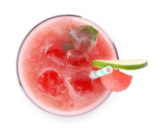 Photo of Delicious fresh watermelon drink on white background, top view