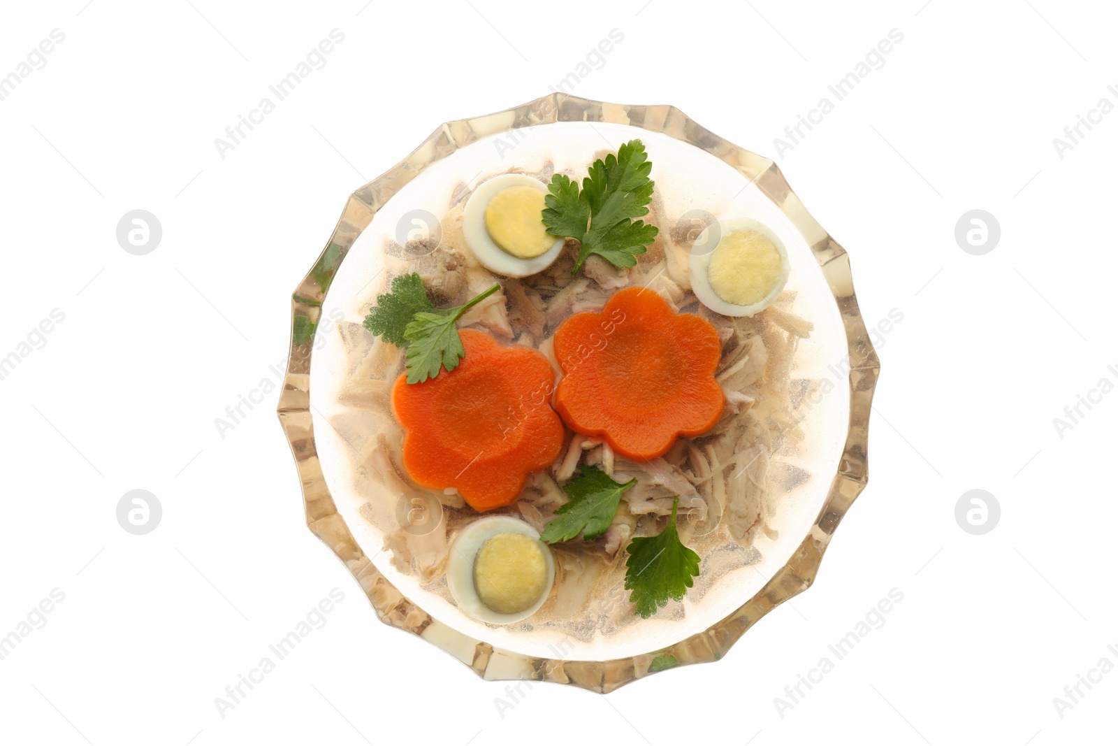 Photo of Delicious homemade aspic with meat in bowl isolated on white, top view